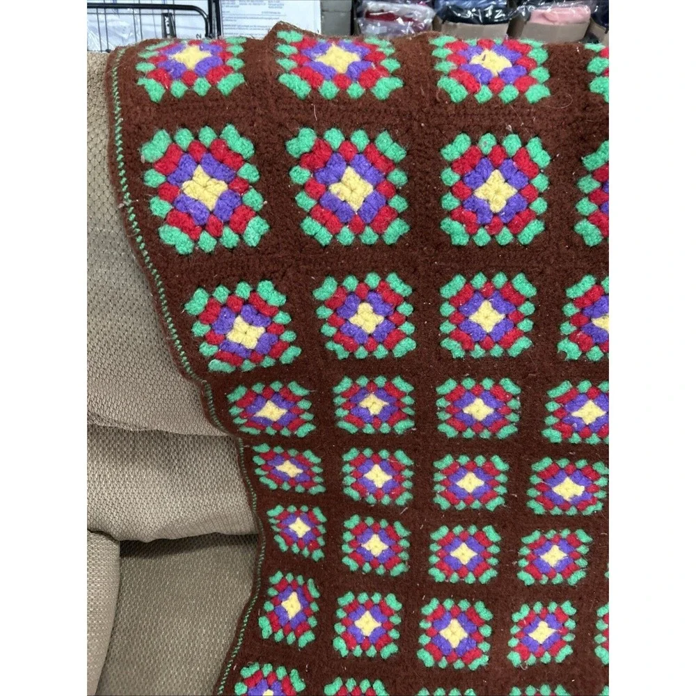 Vtg 70s Brown Multicolor Flower Square Afghan Blanket Granny Crochet Throw 48x60